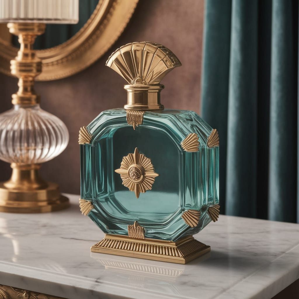 Art Deco Perfume Bottle in Aquamarine Glass with Brass Accen...