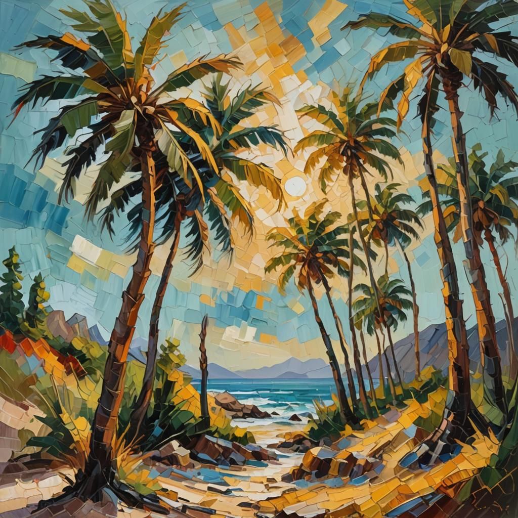 Expressionist Palm Trees Swaying in Golden Light