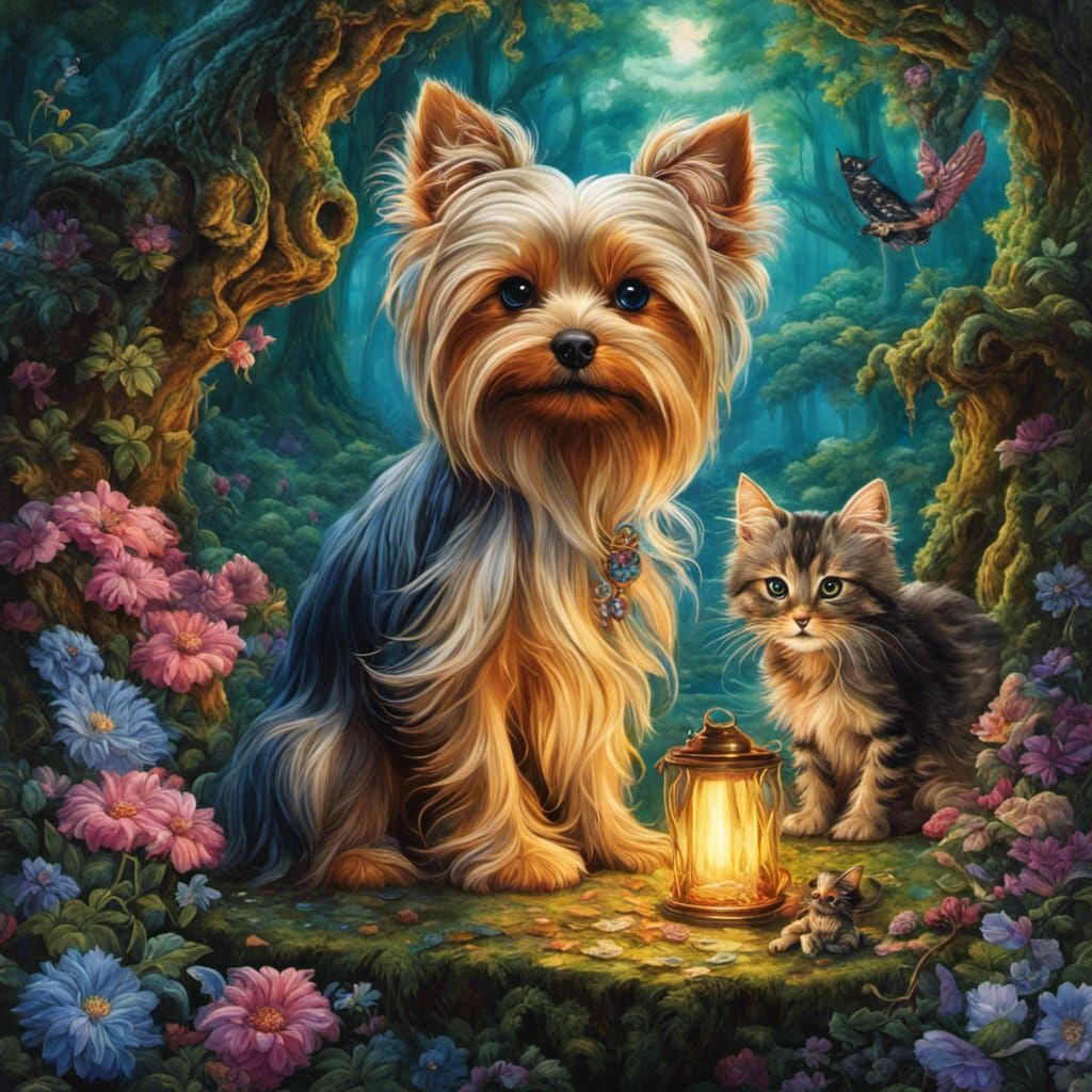 Yorkie and Kitten's Mystical Forest Adventure