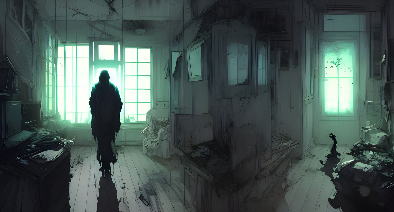 Ethereal Ghost Figure in Dark Room, Watercolor Style