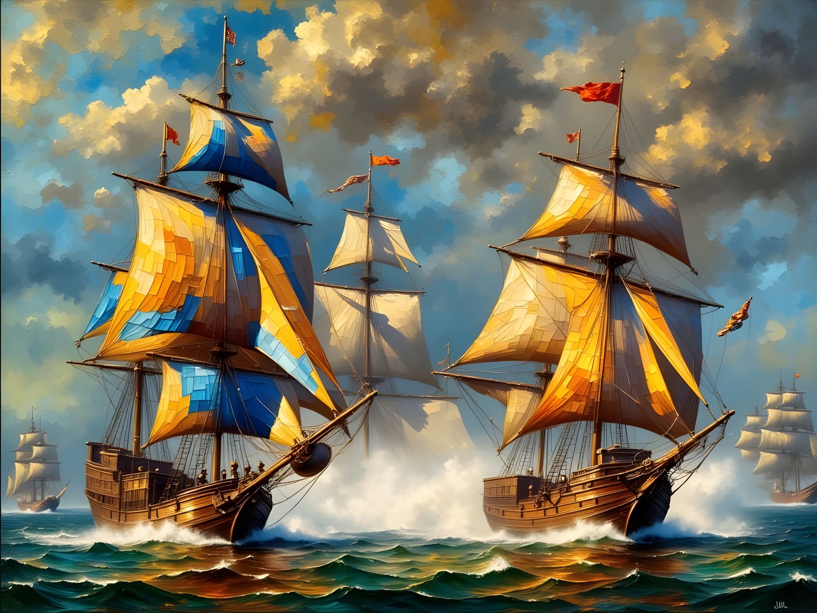 Epic Neo-Impressionist Great Lakes Ship Battle in Oil Painti...
