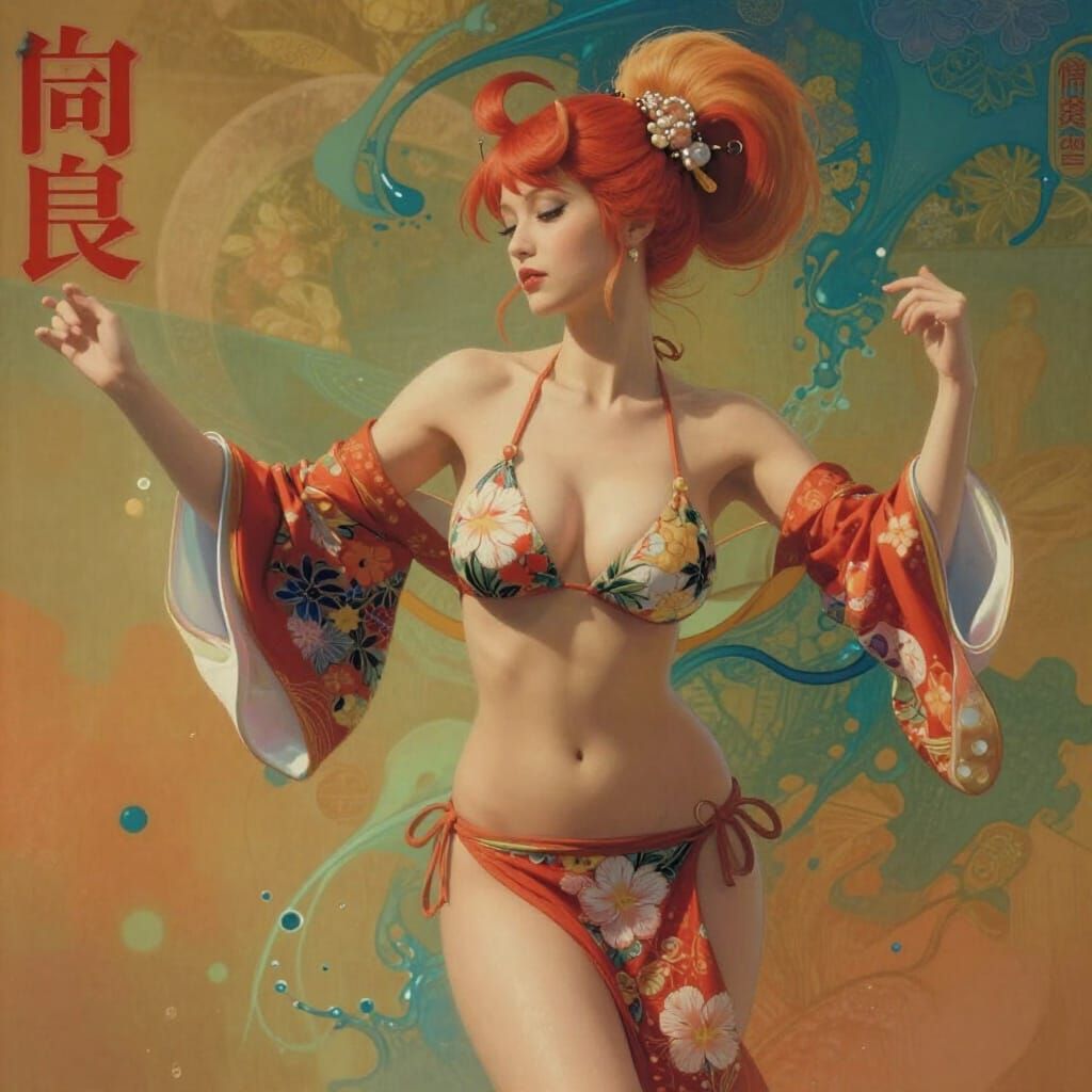 Kitsune Woman in Kimono Bikini Dancing in Ballroom