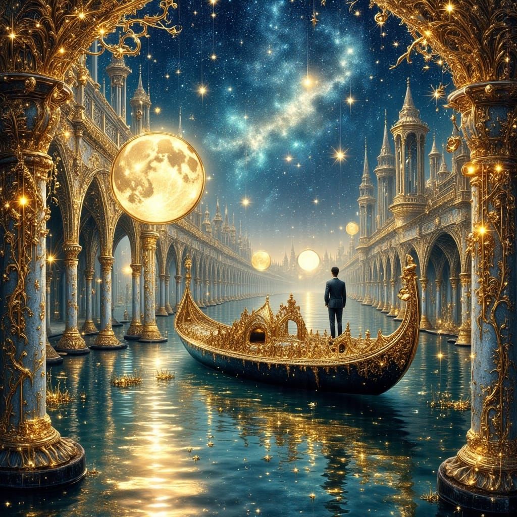 Magical Gondola on Luminous Canal in Watercolor Style