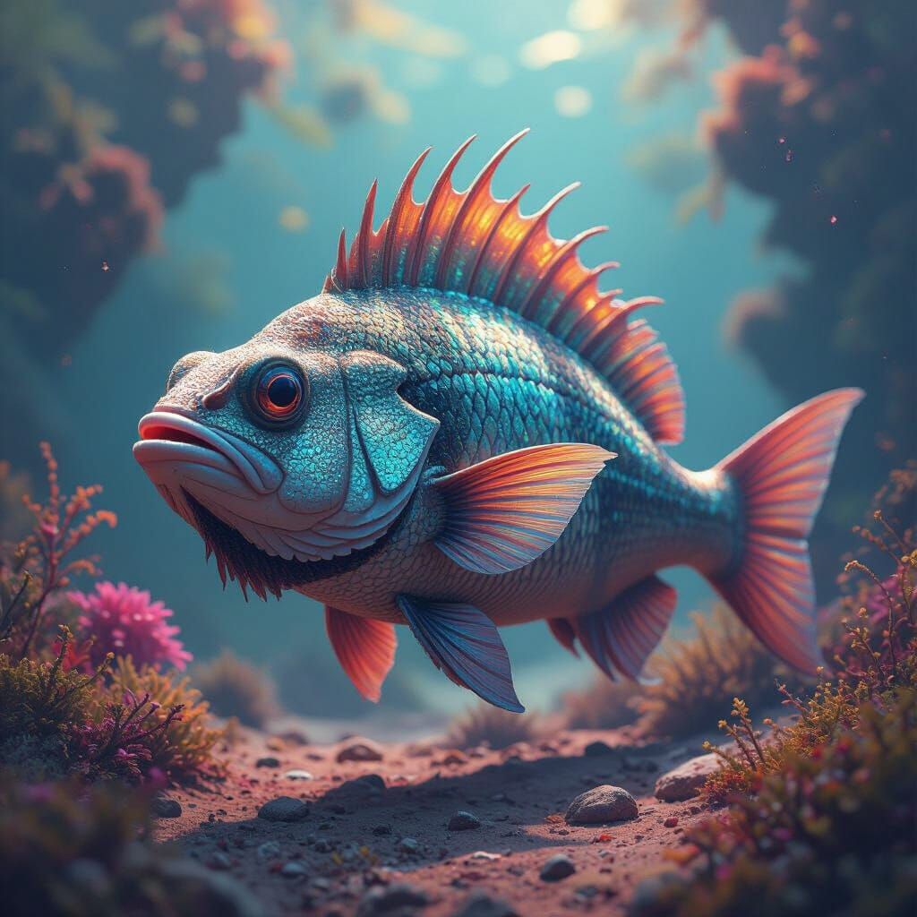 Iridescent Winged Lizard Fish in Matte Painting Style
