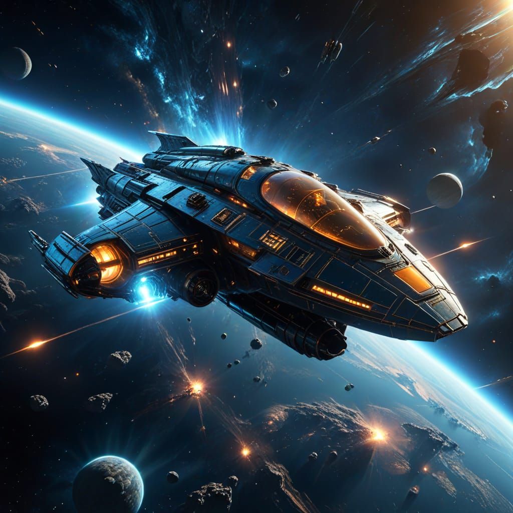 A  spacecraft gliding through the vastness of space, illuminated by the soft glow of a distant nebula.