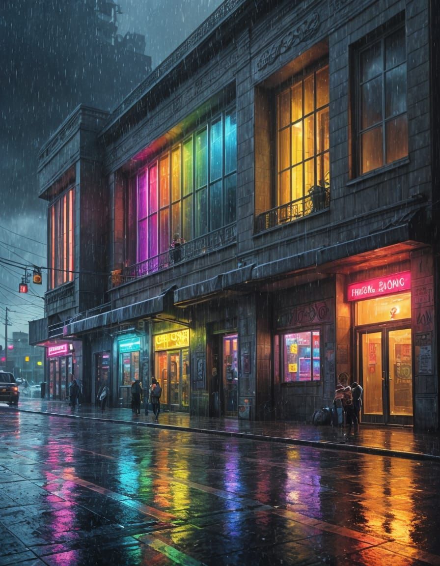 Rainbow Rain Paints a Neon Cityscape
