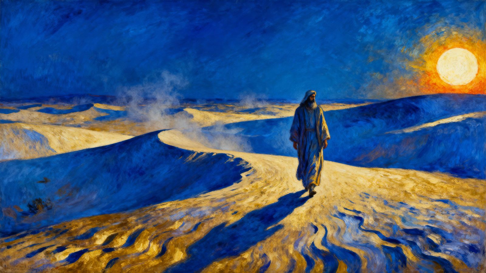 Lone Prophet in Vast Blue Desert Under Searing Sun