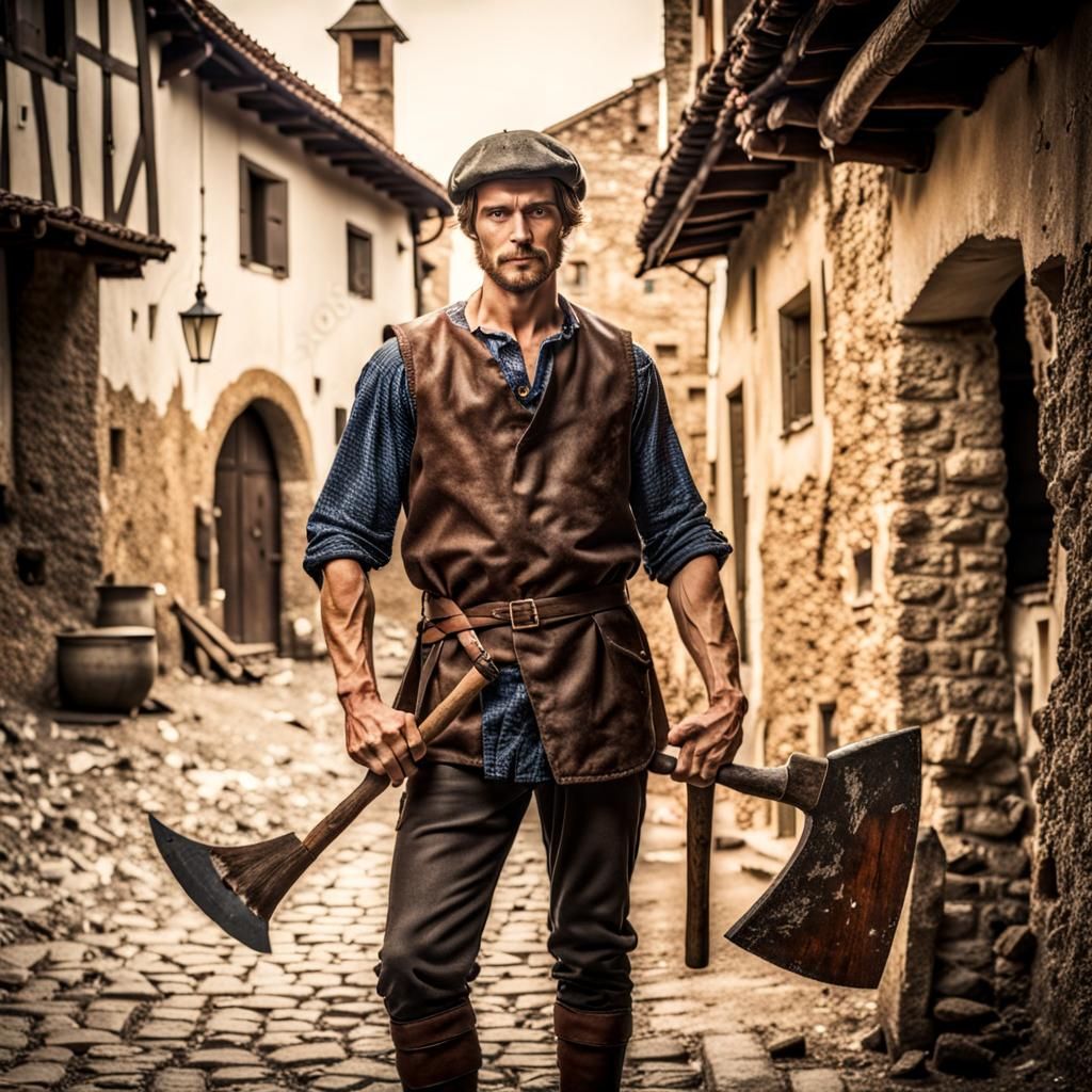 Medieval Peasant Portrait with Axe in Town