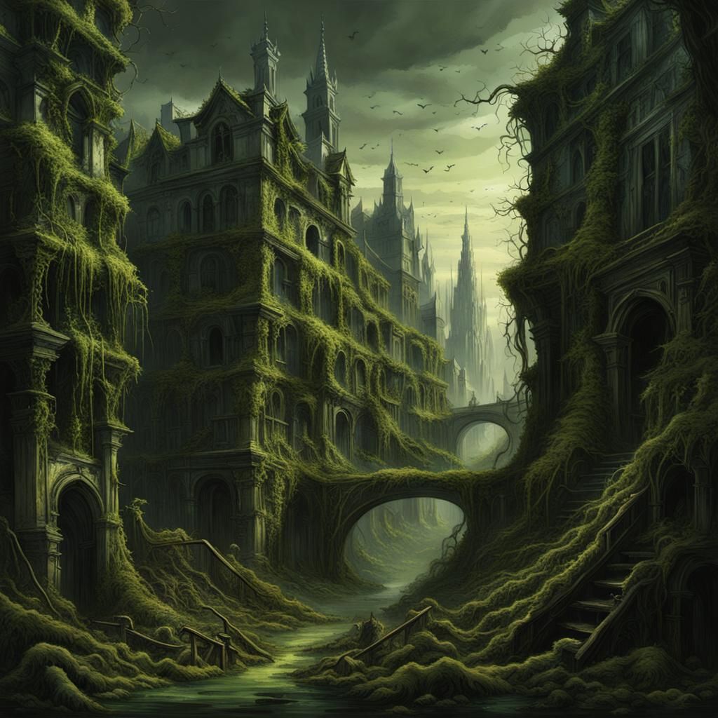 Apocalyptic City Overgrown in Vines and Moss