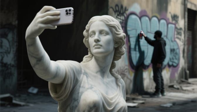 Marble Sculpture Captures Selfie Amidst Urban Decay