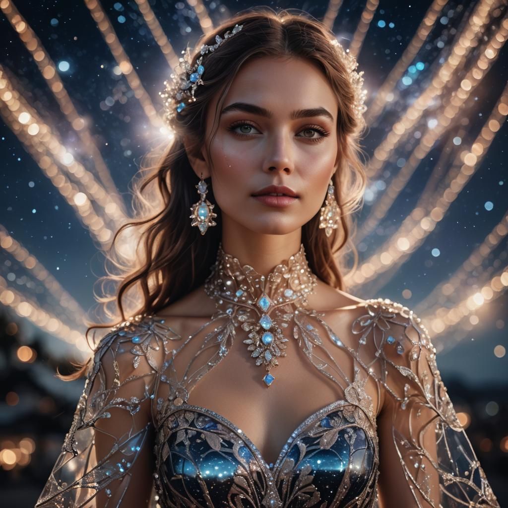 Woman in Glass Dress with Night Sky Background