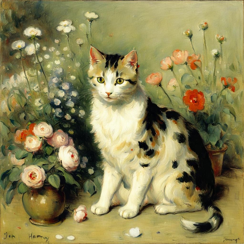 Whimsical Impressionist Landscape with Feline Companion