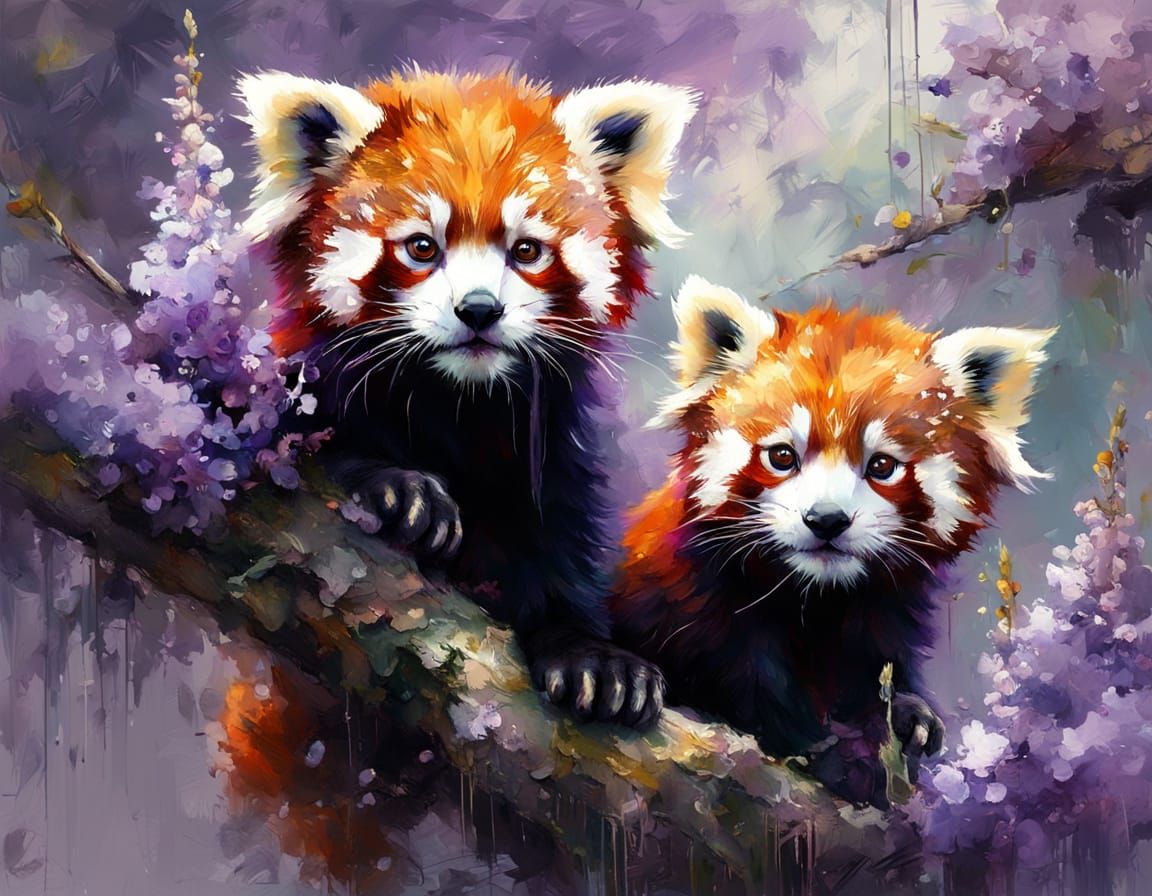 Whimsical Wisteria Blooms with Playful Red Panda Cubs