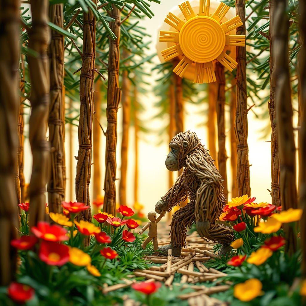 Surreal Wooden Gorilla in Whimsical Forest