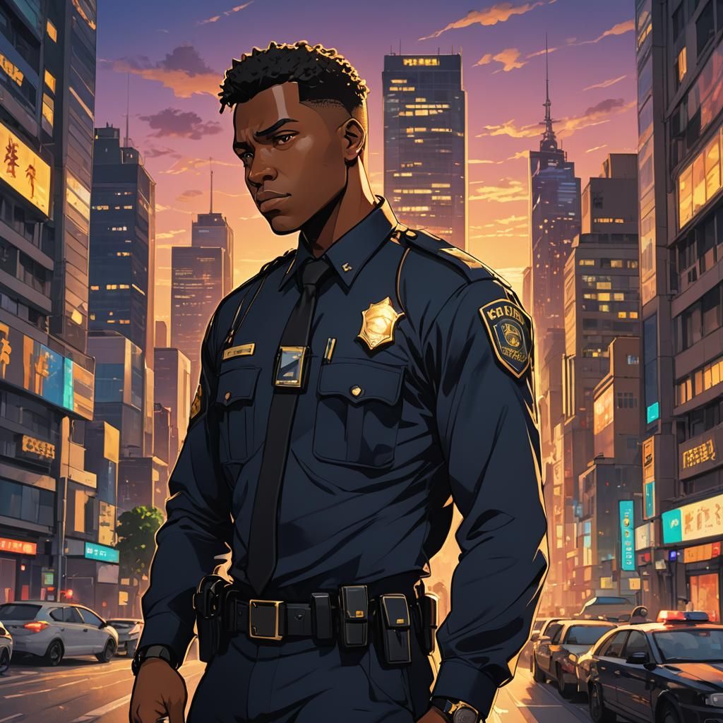 Confident Black Officer: Cinematic Anime Portrait