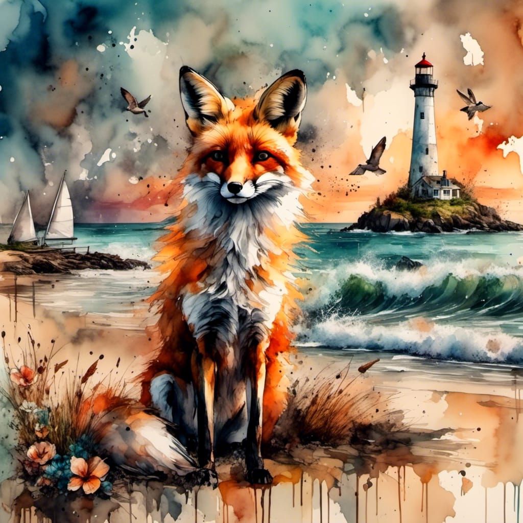 Elegant Fox on Beach in Watercolor and Oil