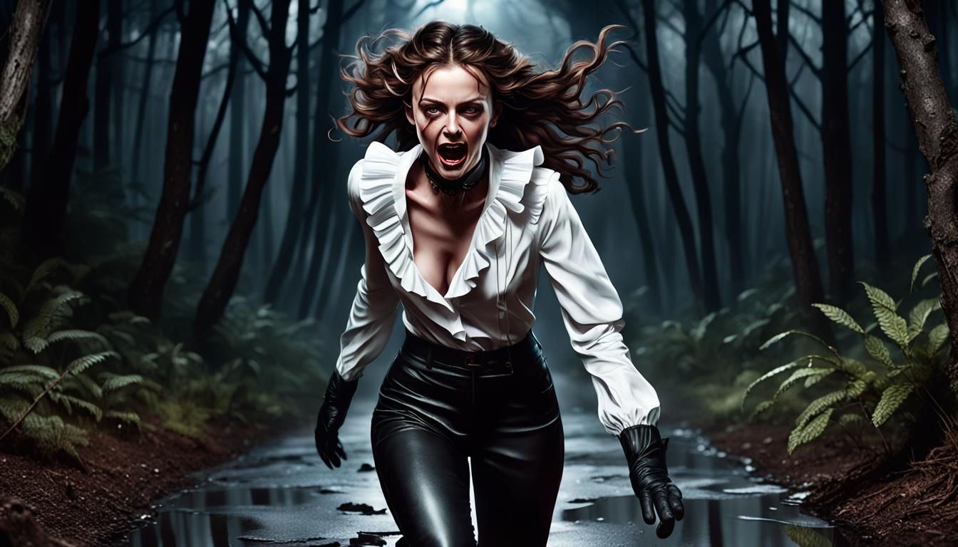 Woman Fleeing Through Dark Forest at Night
