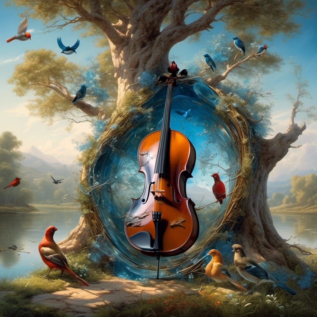 Cello and Tree Symbiosis in Oil Painting Style