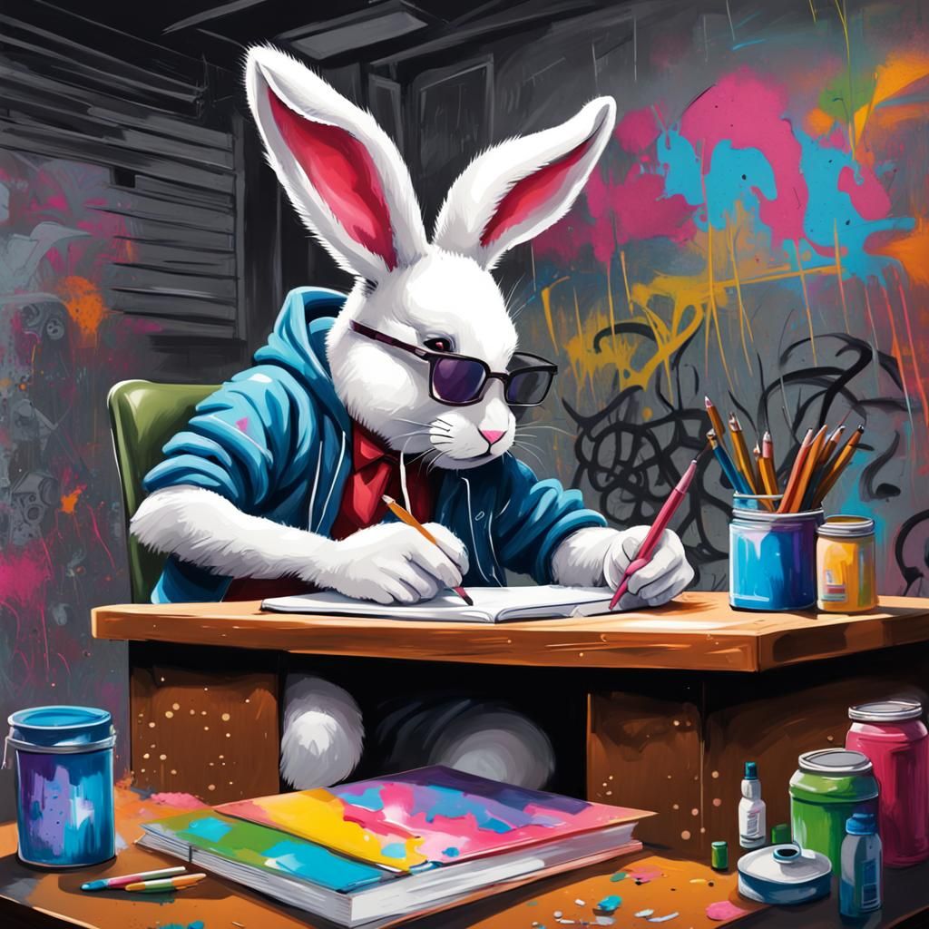 Student Bunny Studying: Graffiti Splash Art