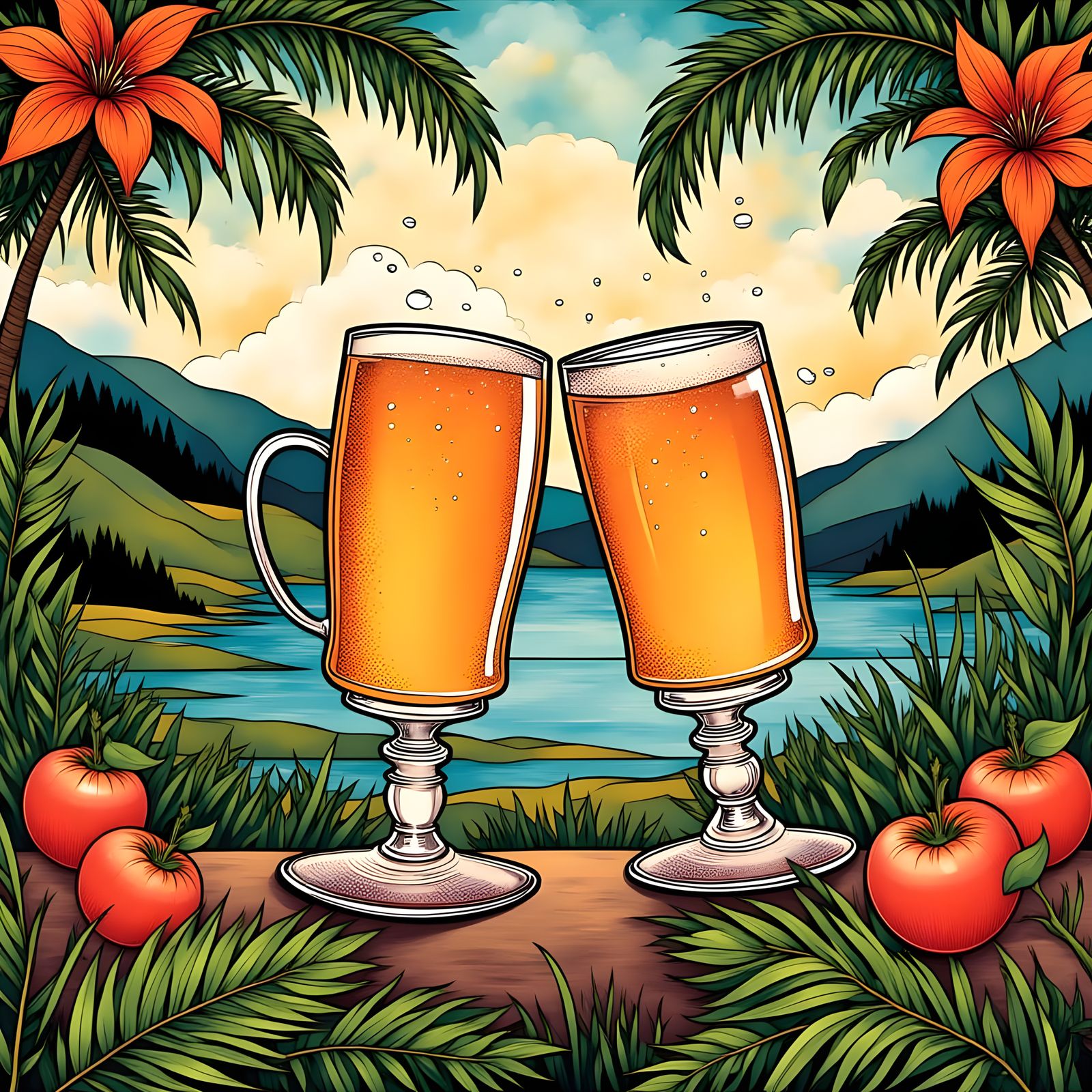 Vibrant Retro-Style Animation of Dancing Beer Cans in Bali