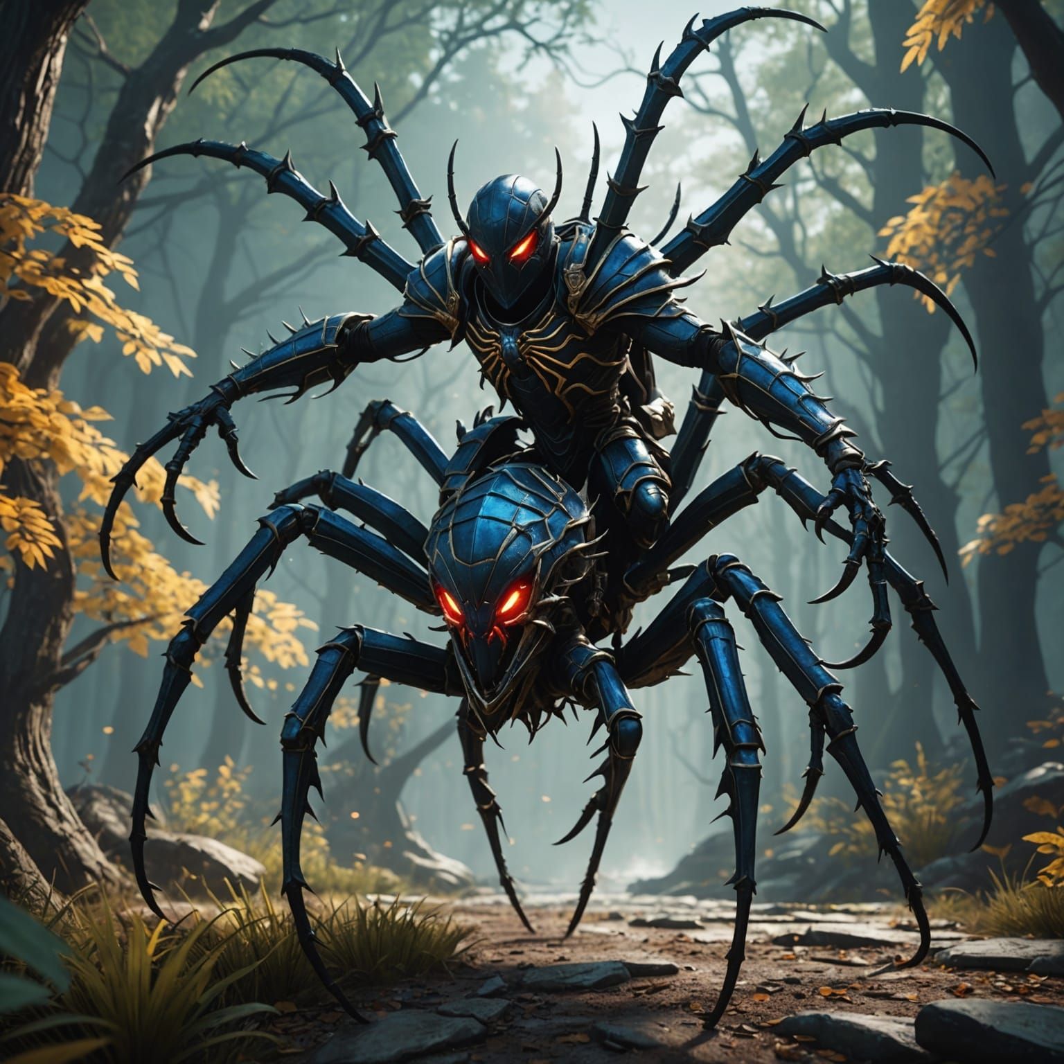 Fantastical Dragoon Rides Spider: Detailed Matte Painting