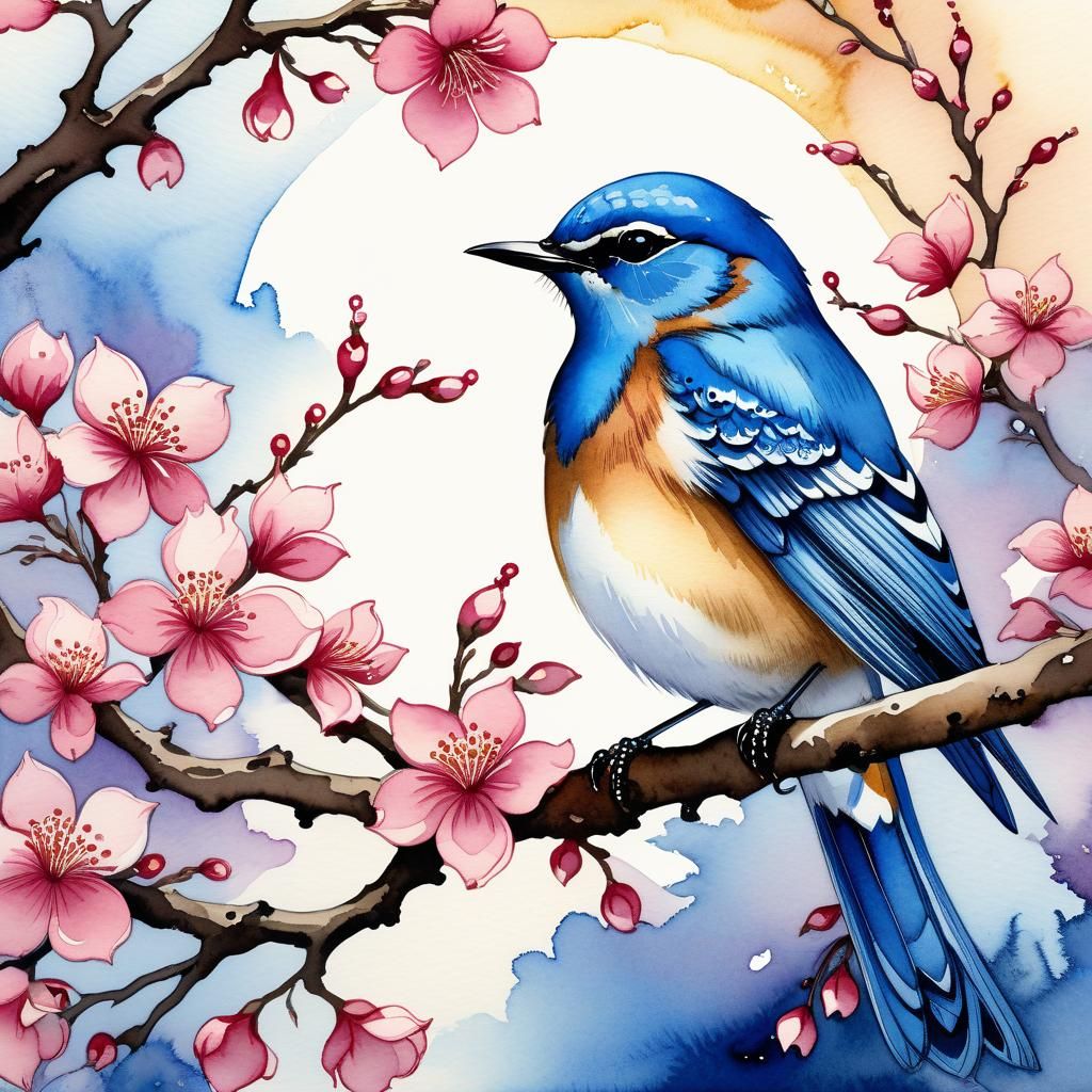 Bluebird in Dreamlike Botanical Art Nouveau Style