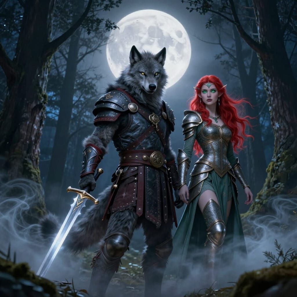 Werewolf Viking Warrior and Elf Beside Full Moon