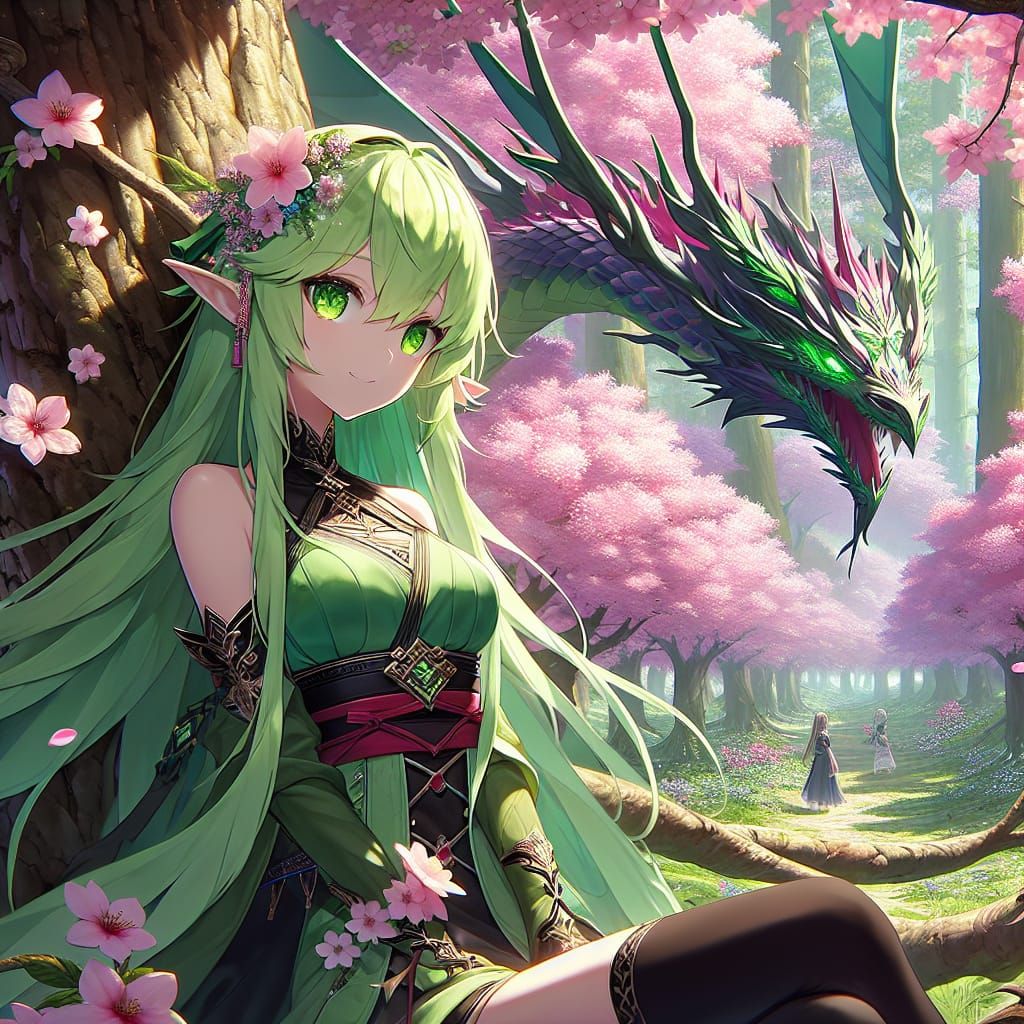 Anime Fairy and Sakura Dragon in Fantasy Forest