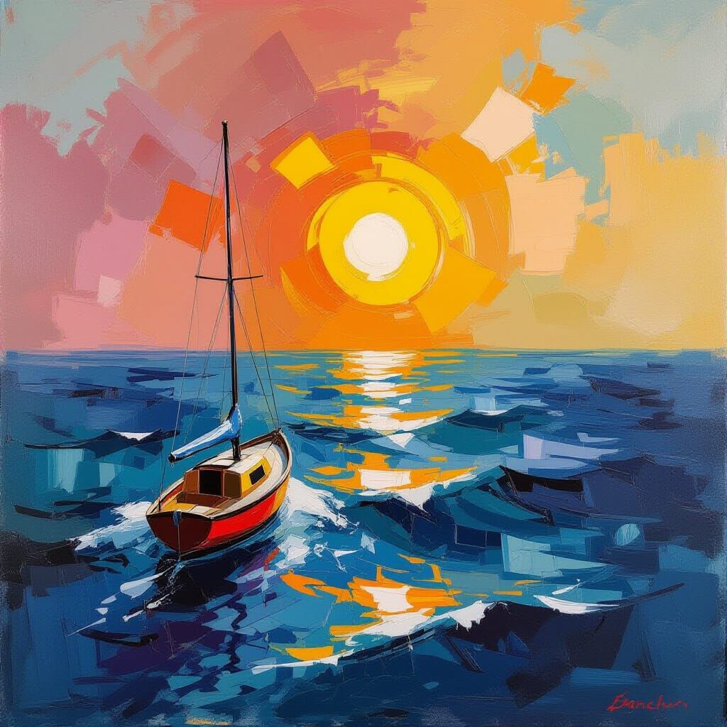Abstract Seascape with Boat in Expressive Style