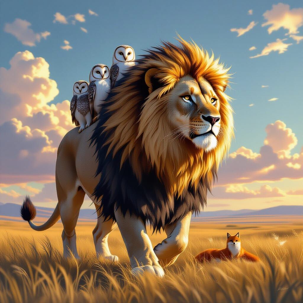 Holographic Lion with Forest Animals on Sunlit Plains