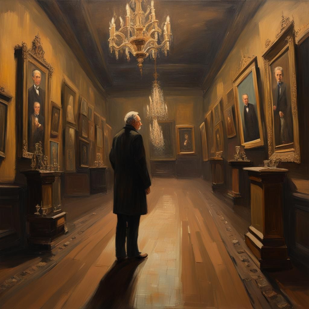 Sorrowful Figure in Ornate Gallery: Impressionist Oil Painti...