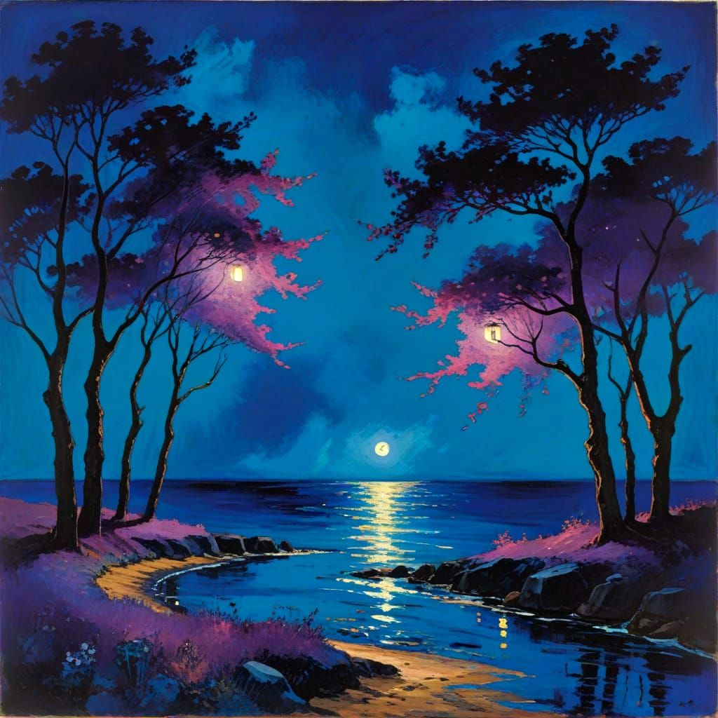 Surrealist Landscape with Violet Hues and Lanterns