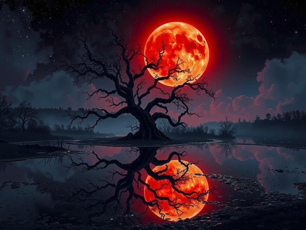 Serene Blood Moon Illuminates a Tranquil Nighttime Scene