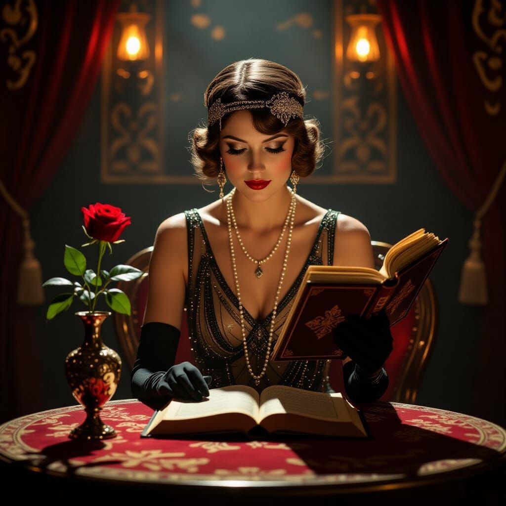 Flapper Woman Reads Antique Book in Dim Cabaret
