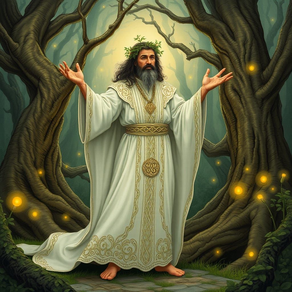 Druid in Mystical Forest, Vintage Illustration
