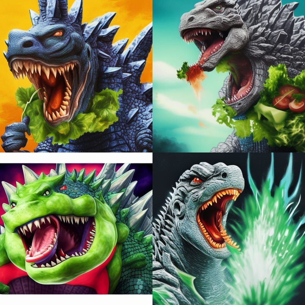 Godzilla's Salad Lunch: Hyperrealistic Splash Art