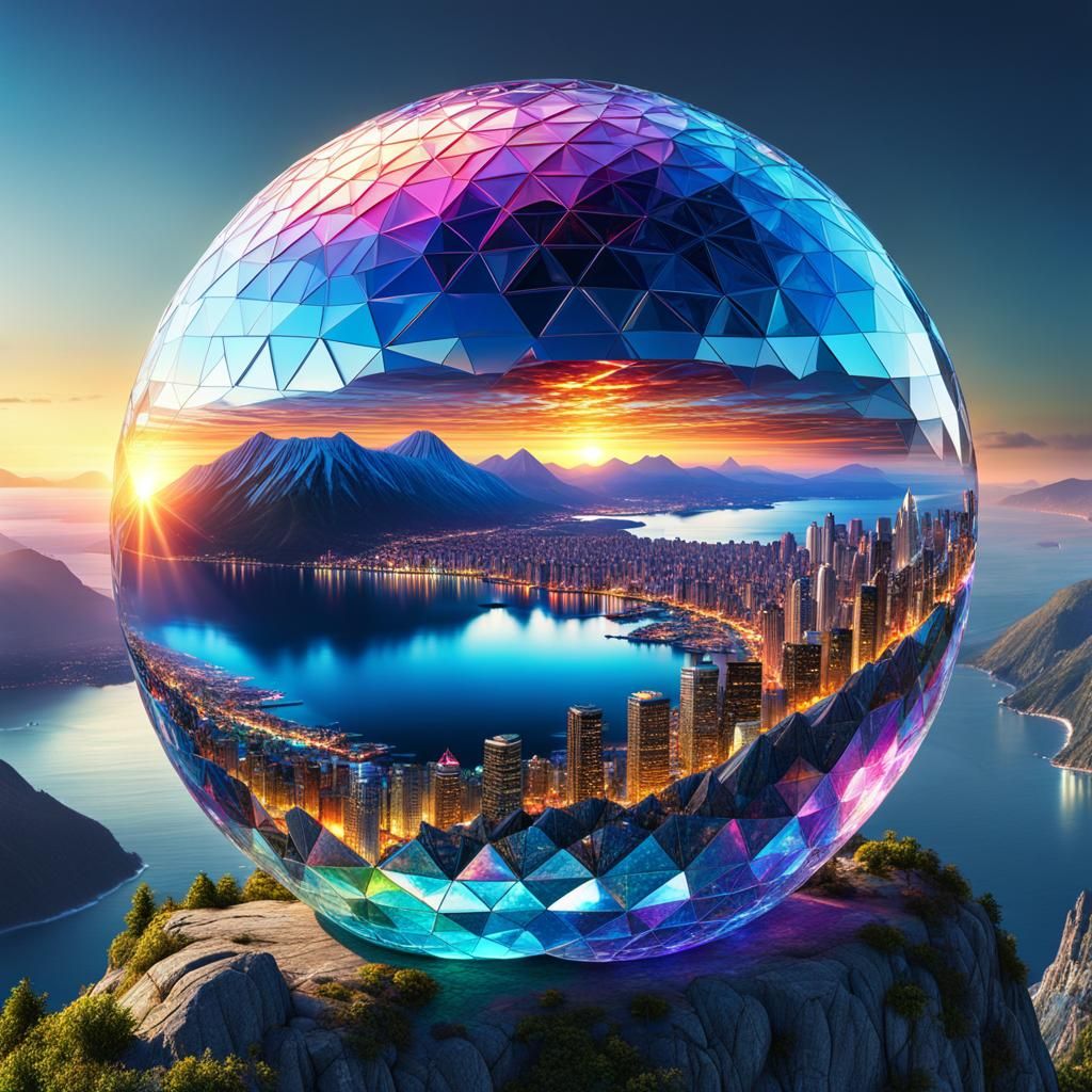 Iridescent Geodesic Sphere Cityscape at Sunrise