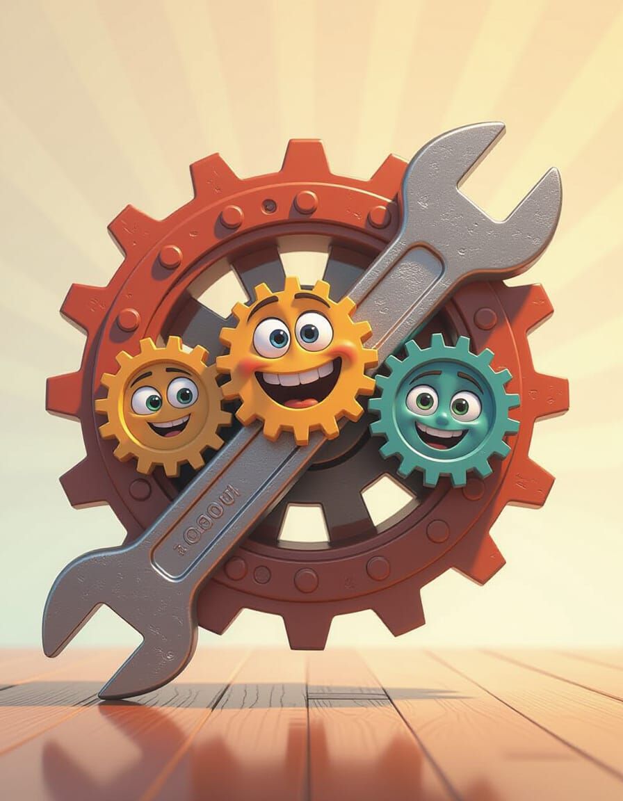 Cartoon Wrench Trapped Between Gears in Machine