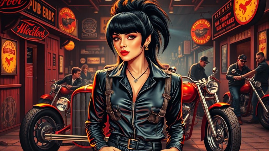 Biker Woman and Hot Rod in Art Nouveau Style