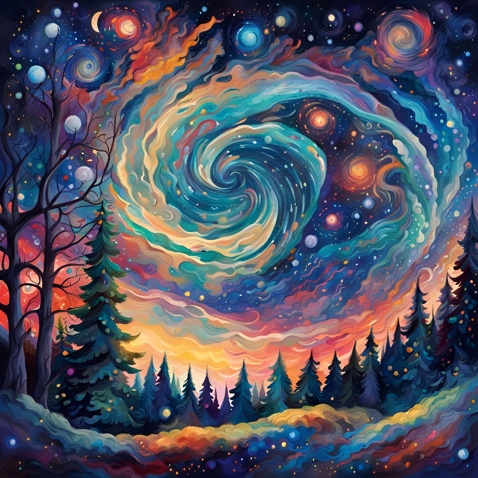 Enchanted Forest Under Swirling Starry Nebula in Gouache