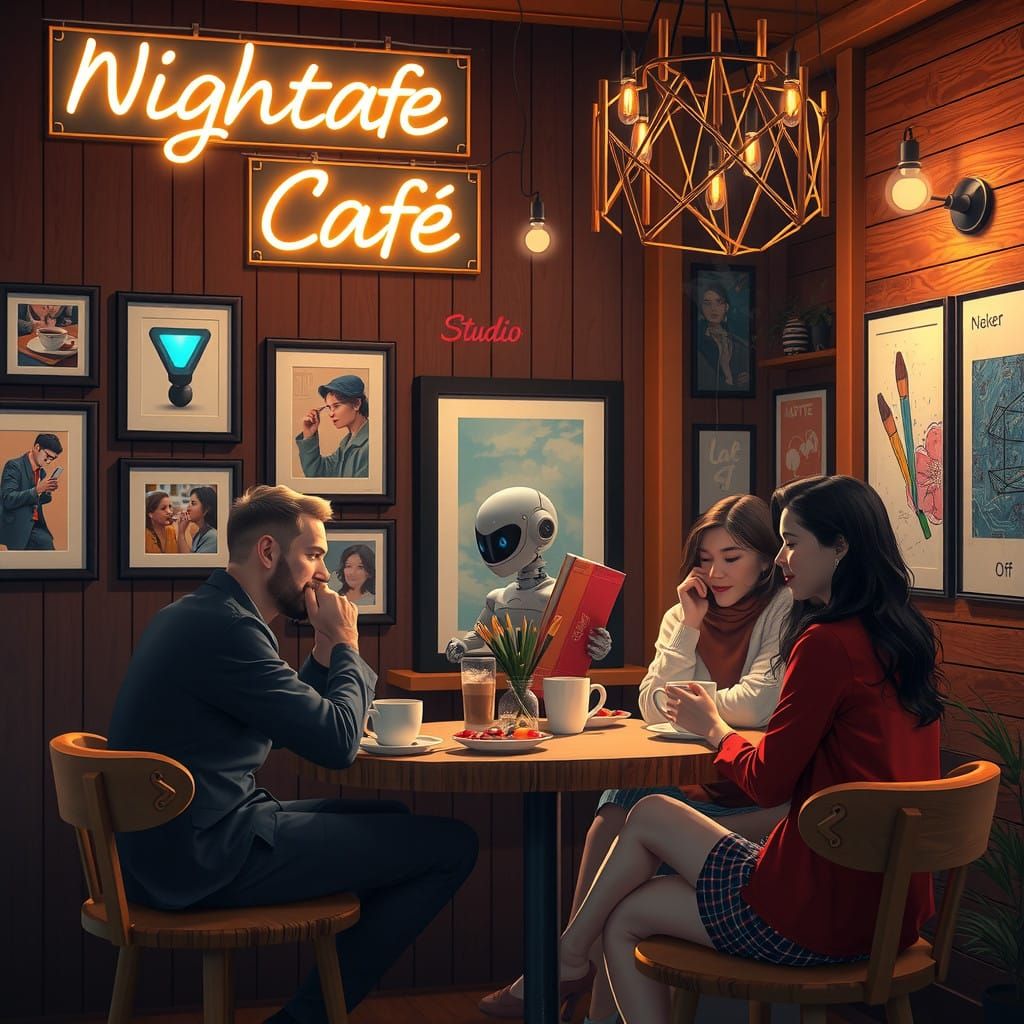 Modern Bohemian Café Scene with Ambient Lighting and Digital...