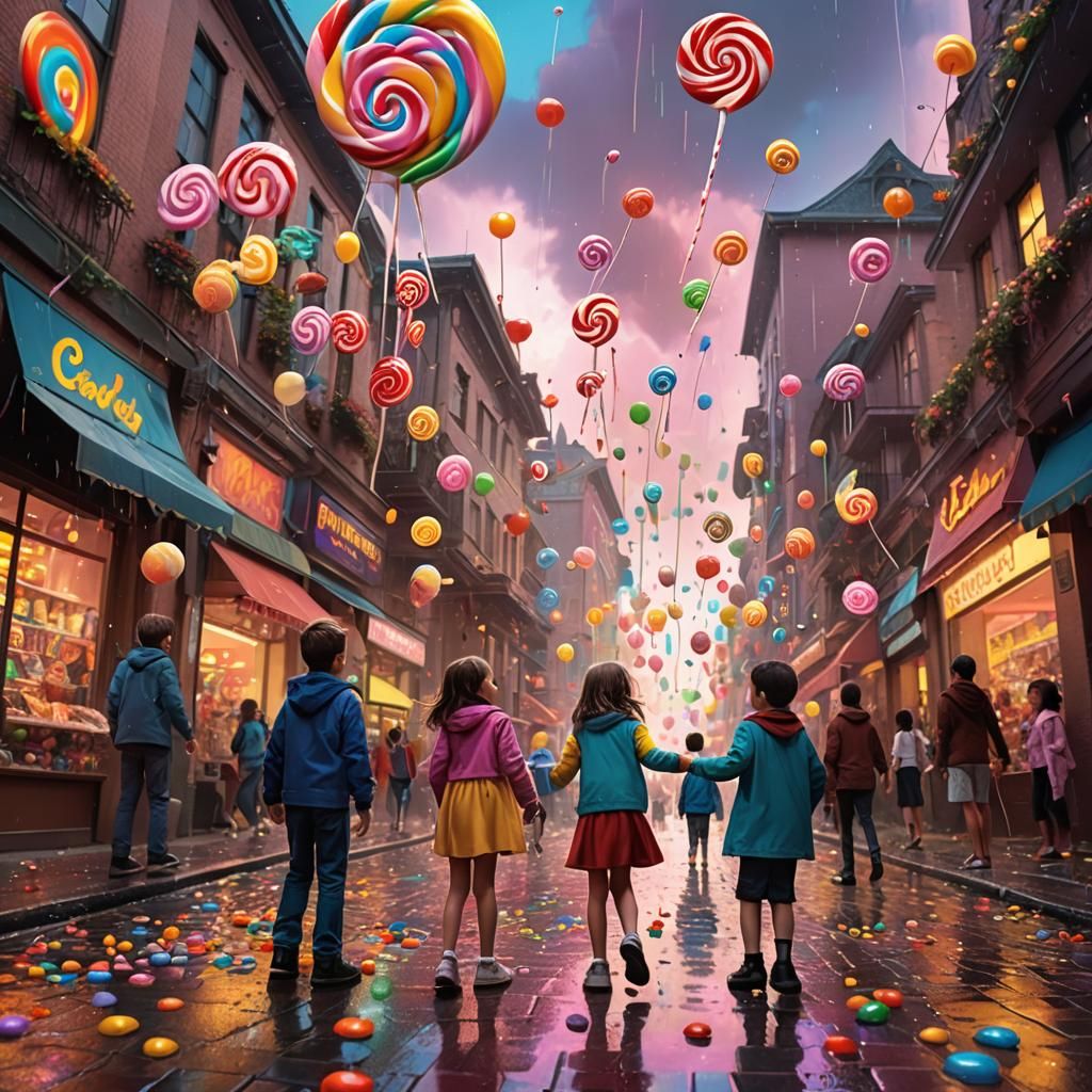 Children Play in Candy Rain, Digital Matte Painting