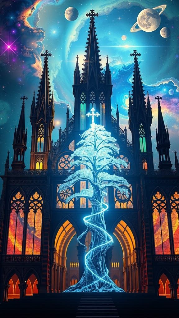 Celestial Gothic Cathedral in Crystal and Starlight