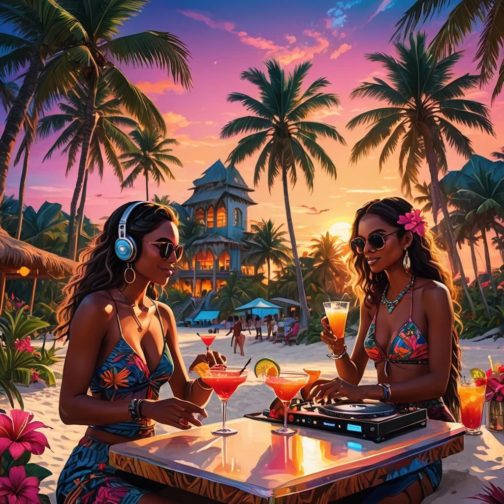 Tropical Beach Party at Sunset: Vibrant Digital Art