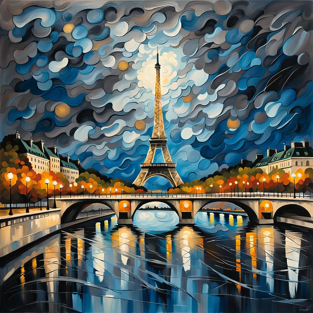 Eiffel Tower at Night: Abstract Modern Painting
