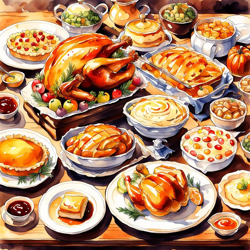 Thanksgiving Feast: Vibrant Watercolor in Anime Style