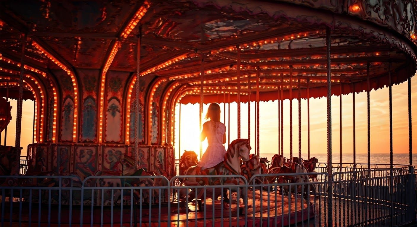 Girl on Carousel in Summer, Digital Art Style