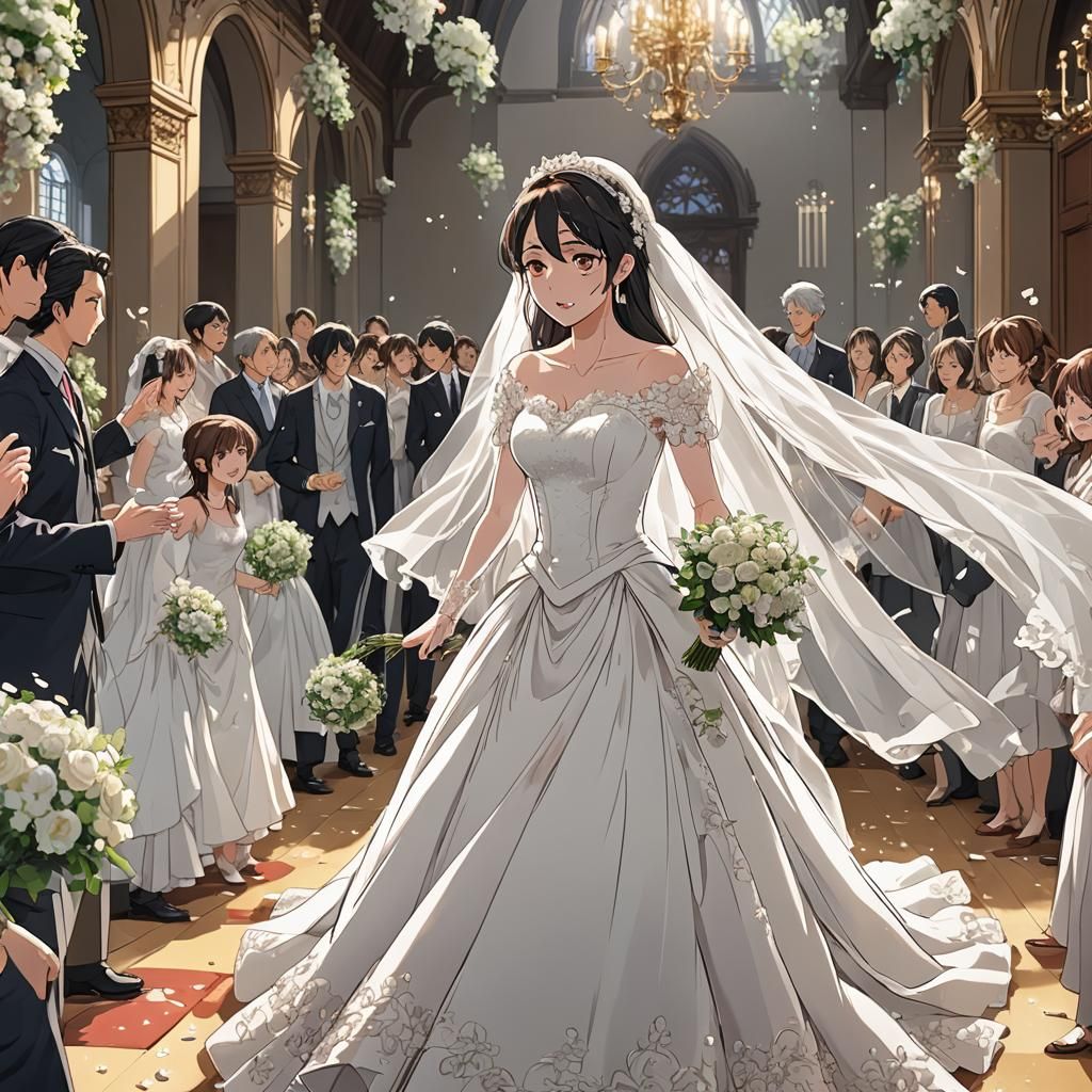 Distressed Bride Escaping Altar in Anime Style