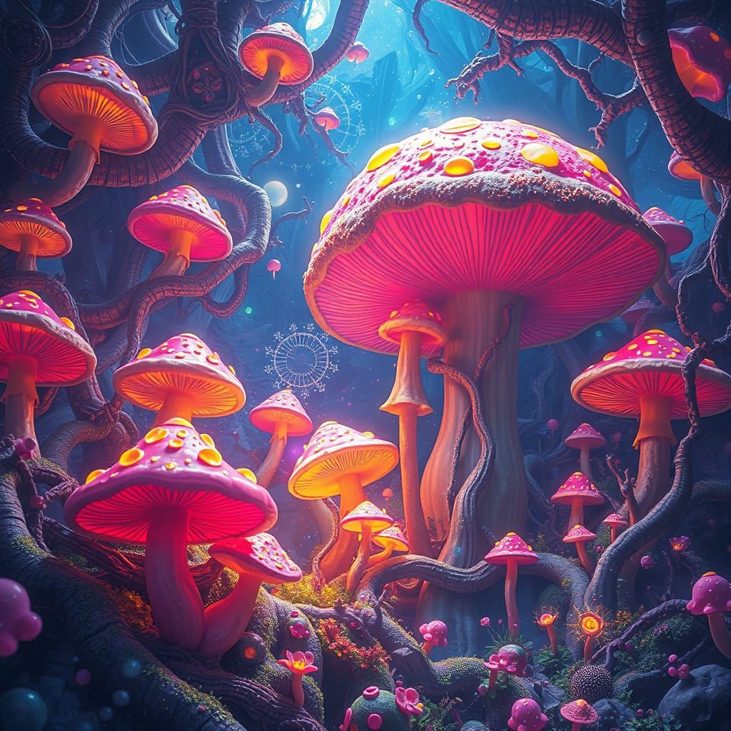 Psychedelic Mushroom Dreamscape with Sleeping Consciousness