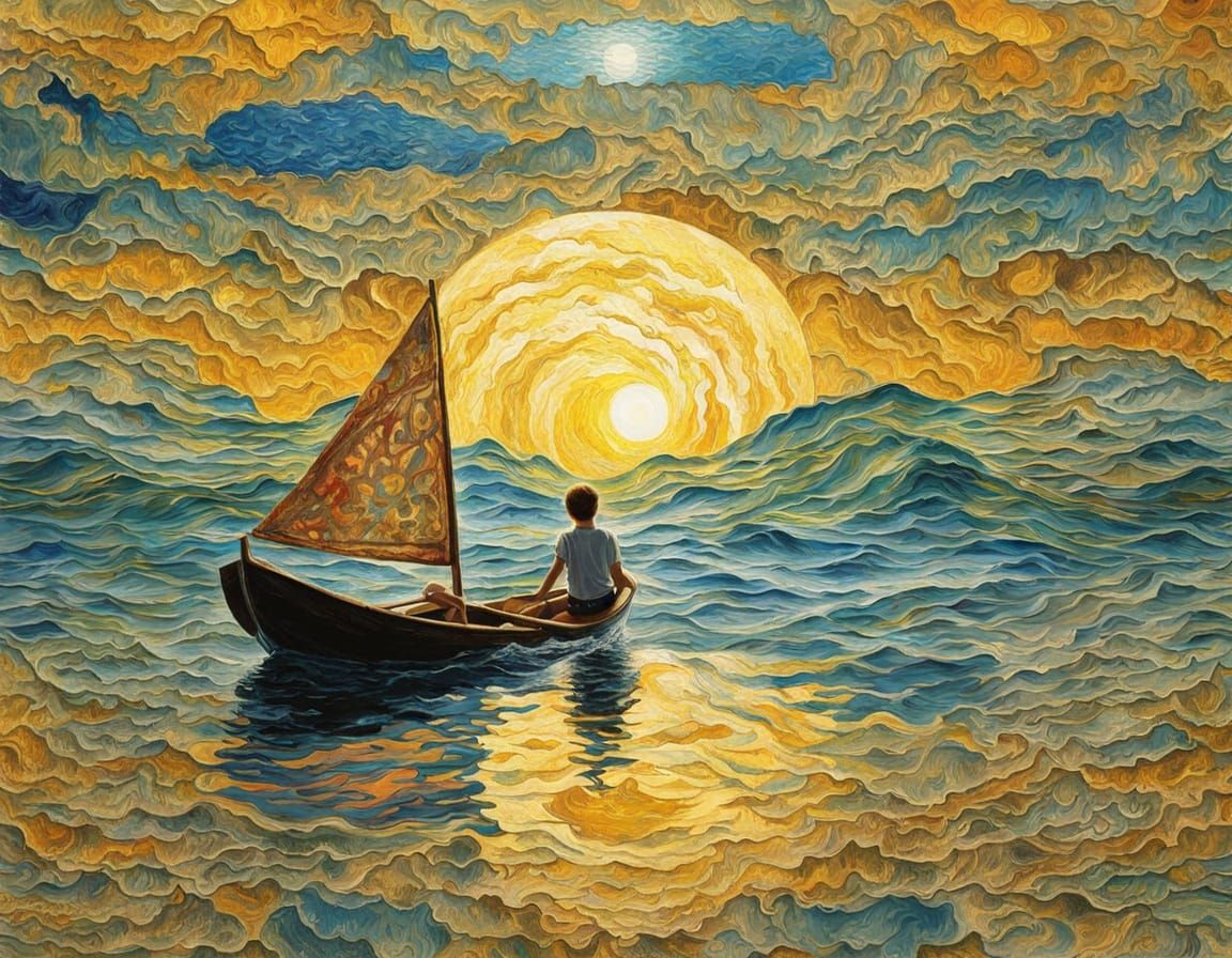Boy Sailing Boat on Rough Water, Impressionistic Style
